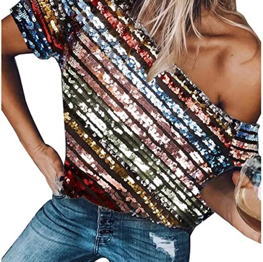 One sleeve rainbow sequin top